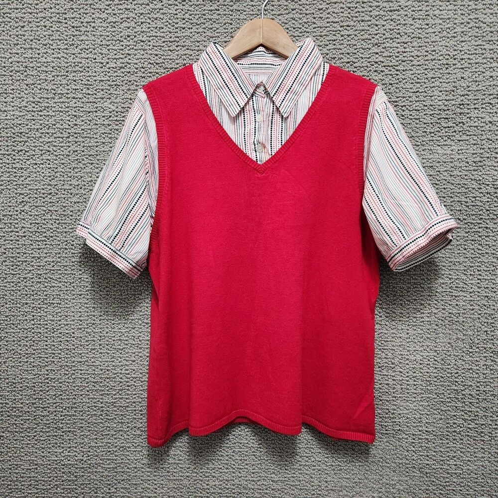 KIM ROGERS Women's Signature  Red Pink Polka Dot Vest Blouse Top Plus Size 2X